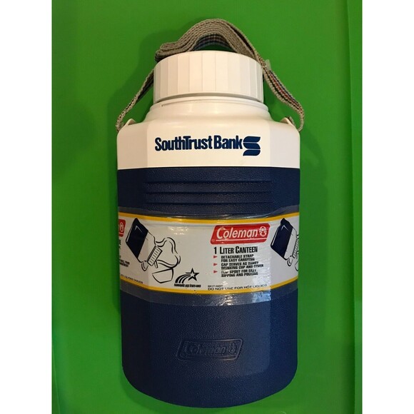 Coleman Canteen 1 Liter Blue with strap SouthTrust Bank Logo - Picture 1 of 3